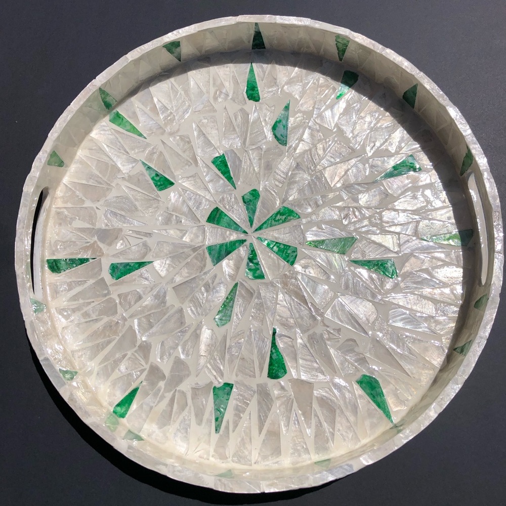 13.8” Handmade Capiz Mosaic Green & White/Cream Decorative Tray *BRAND NEW*
